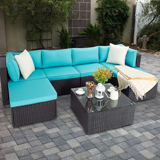 Amazon Com Vitesse 7 Pieces Patio Furniture Sectional Sets Outdoor All Weather Pe Rattan Wicker Lawn Conversation Sets Garden Sofa Set With Coffee Table And Washable Couch Cushions Tifnyblue Kitchen Dining