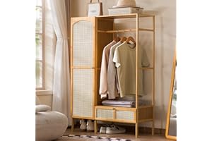 GXLHJKB Minimalist Bamboo Free Standing Clothes Rack with Rattan Doors & Drawers, Open Wardrobe Organizer with Storage Shelve
