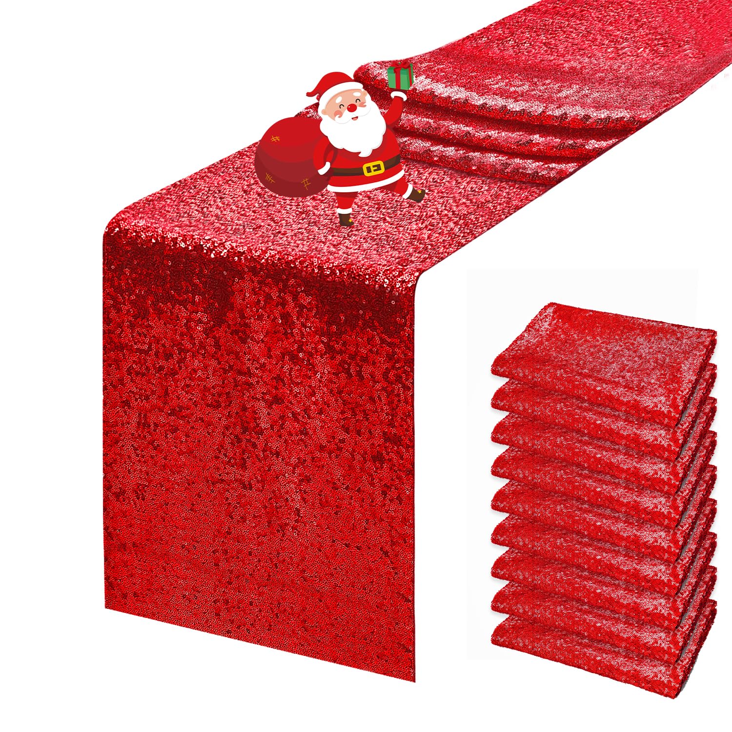 Photo 1 of 10 Packs 12 x 72 inches Red Sequin Table Runner, Glitter Runner for Birthday Party Supplies Wedding Holiday Celebration Baby Shower Engagement Anniversary Decor