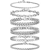 XIANNVXI 6pcs Stainless Steel Bracelets for Men Women Silver/Gold/Black Cuban Link Rope Paperclip Chain Bracelets Set 6.5/7/7.5/8.3/9 Inches Metal Bracelet Mens Fashion Accessories Jewelry Set