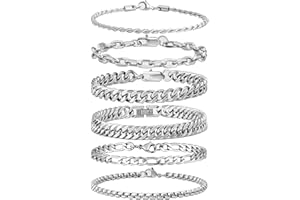 XIANNVXI 6pcs Stainless Steel Bracelets for Men Women Silver/Gold/Black Cuban Link Rope Paperclip Chain Bracelets Set 6.5/7/7.5/8.3/9 Inches Metal Bracelet Mens Fashion Accessories Jewelry Set
