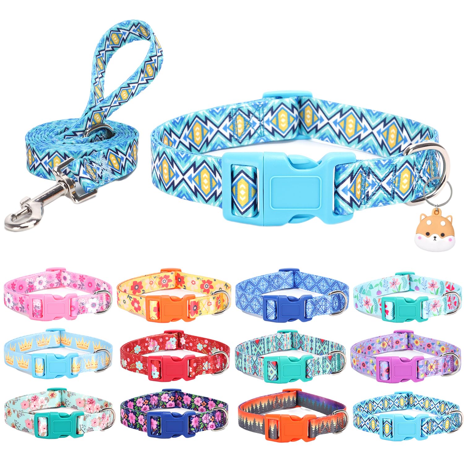 SLZZ Dog Collar with lead Airtag Holder Case Set - Dog Collars for Male Female Boy Girl Puppy X-small Small Medium Large Dogs Walking Running Training - Blue Lattice/XS
