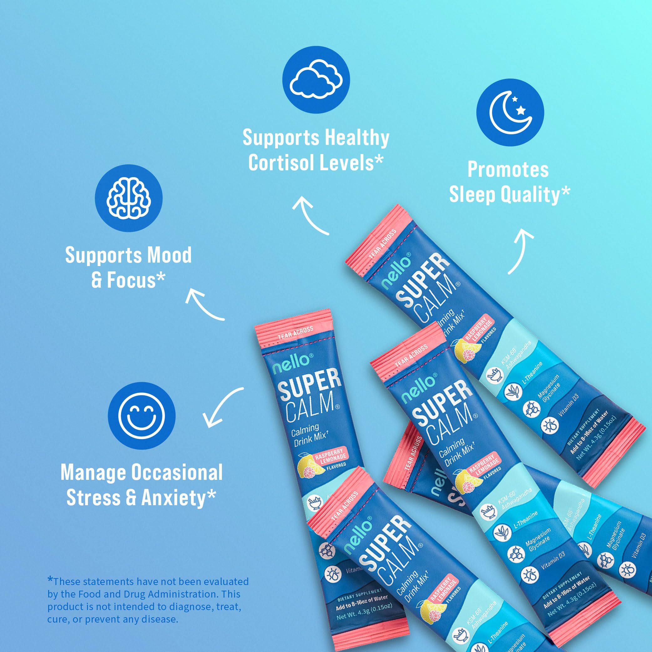 Nello Supercalm Powdered Drink Mix, Raspberry Lemonade, L Theanine, Ksm-66 Ashwagandha, Magnesium Glycinate, Vitamin D 3, Supplements for Relaxation & Focus, No Sugar, Non GMO, On The Go, 20 Ct