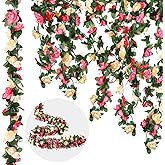 12 Pcs 100 ft Flower Garland Artificial Rose Vine with Green Leaves Hanging Artificial Flower Vines Ivy Garlands Wall Garden Decor for Room Wedding Birthday Arch Decor(Champagne)