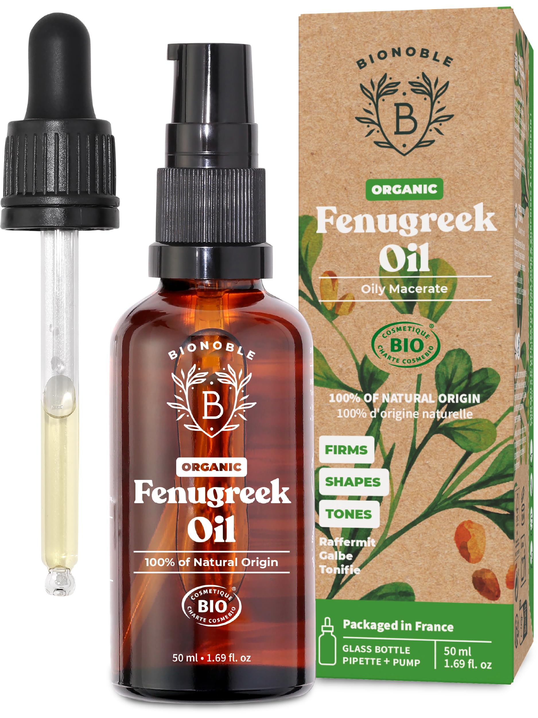 BIONOBLE Organic Fenugreek Oil for Breast Growth - Firms and Shapes Breasts and Buttocks - 100% Natural Origin, Odorless Seed Oil Macerate - Fenugreek Extract - Glass Bottle, Pipette, Pump - 50ml