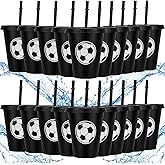 Domensi 20 Pcs Soccer Party Favor Cups Bulk 16oz Soccer Cups Reusable Plastic Tumbler with Lid and Straw for Team Coach Friend Fan Men Women Gifts Party Favor Decoration Supplies