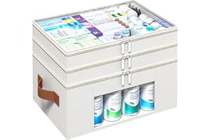 ISusaid 3-Tier Medicine Organizer for Cabinet, Foldable Medicine Storage Box with Clear Cover and Leather Handle, Empty First Aid Kit for Home and Travel