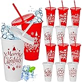 Cinrobiye 12 PCS Christmas Party Favors Xmas Plastic Cups with Lid Straw 24 oz Reusable Plastic Drink Cups Bulk Water Bottle Coffee Mug for Winter Holiday Party Supplies Classroom Gifts