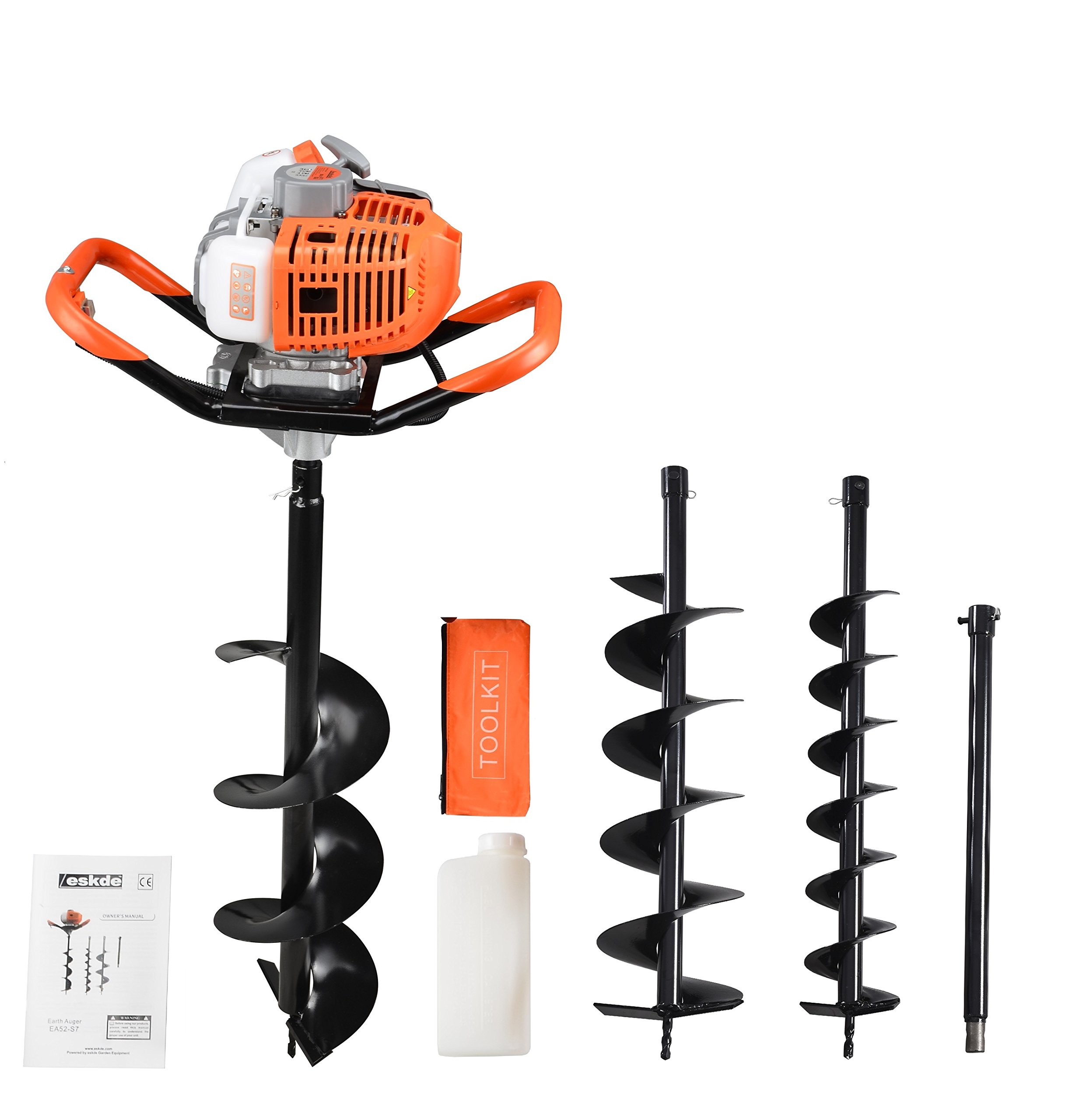 eSkde Petrol Auger Post Hole Digger - 52cc Fence Post Digger Tool for Tree Planting, Poles and Shrubs, Earth Auger Hole Borer with 3 Drill Attachments 100mm, 150mm, 200mm and Extension Pole