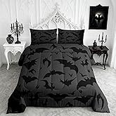 Black Bat Comforter Set Full Size,Halloween Night Bedding Set for Kids Boys Men Halloween Decor,Children Bats Down Comforter Horror Black and Gray Quilt Set Room Decor 3Pcs