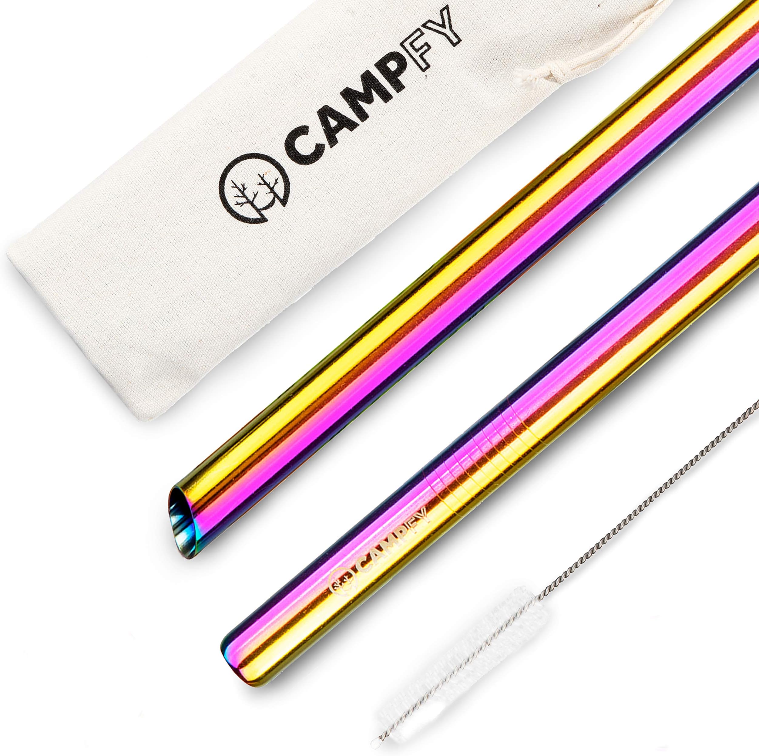 CAMPFY 9" Stainless Steel Boba Straw Rainbow Set: 2 Angled-Tip Straws & Cleaning Brush - Wide Bubble Tea Straws - Reusable & Metal Drinking Straws for Reduced Plastic Consumption - Dishwasher Safe