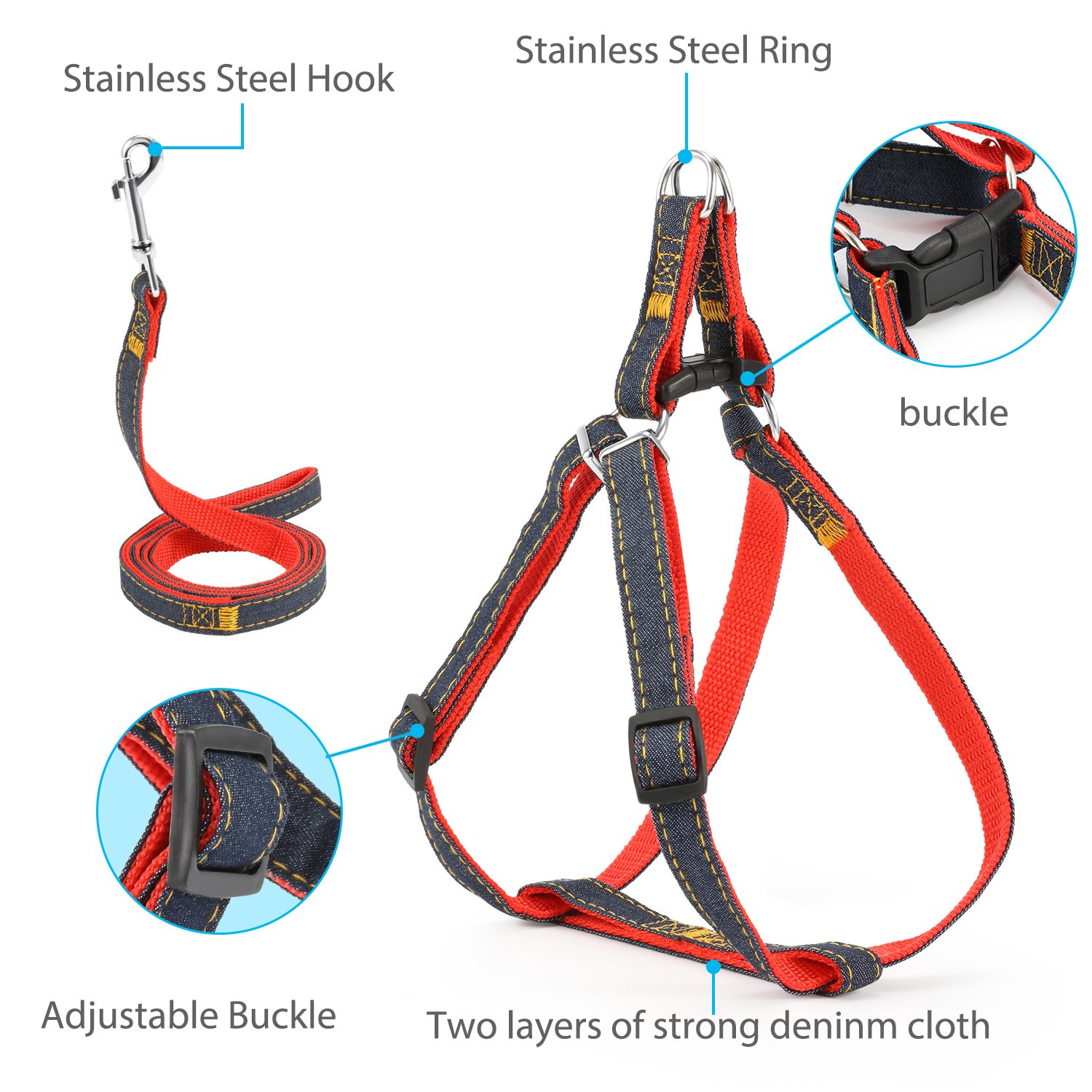 Dog Harness 2 Pcs, Magicfly Dog Leash Harness & Dog Car Seatbelt Harness Set Denim Dog Leash Collar for Small, Medium and Large Dog, Adjustable Dog Leash Harness with handle for Daily Training Walking