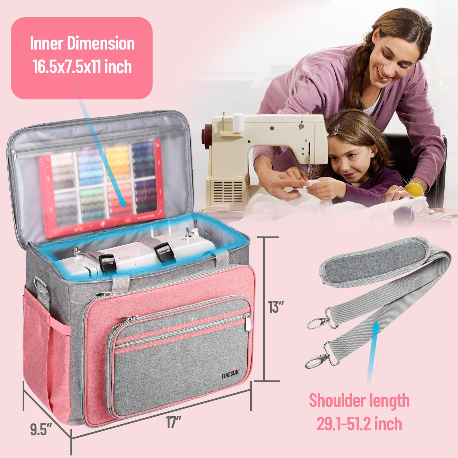 FINESUN Sewing Machine Carrying Case with Multiple Storage Pockets, Universal Tote Bag with Shoulder Strap Compatible with Most Standard Singer, Brother, Janome, Pink