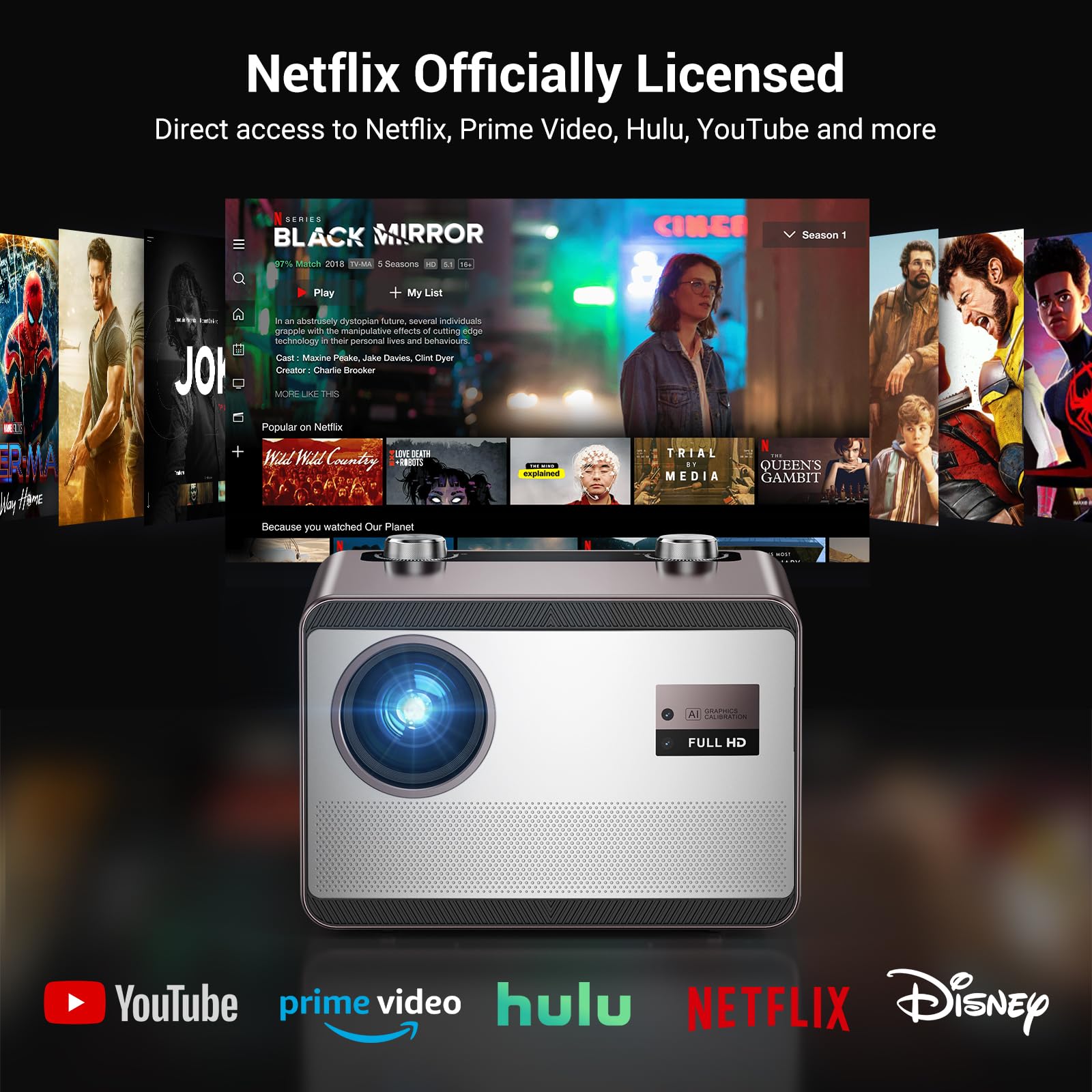 2000 ANSI Netflix Officially Licensed 4K Full HD Outdoor Projector, HAPPRUN Projector with Wifi and Bluetooth, Built-in Apps, Auto Focus, Smart Projector for Movie/Home Theater/Indoor/PS5/PC/Phone