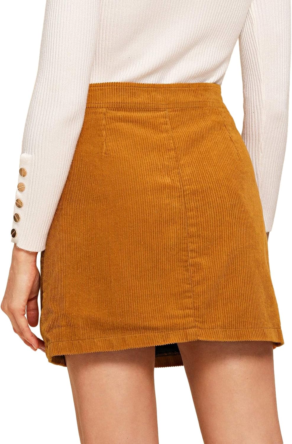 WDIRARA Women's Mid Waist Corduroy A-line Slim fit Button Casual Mini Skirt: Clothing