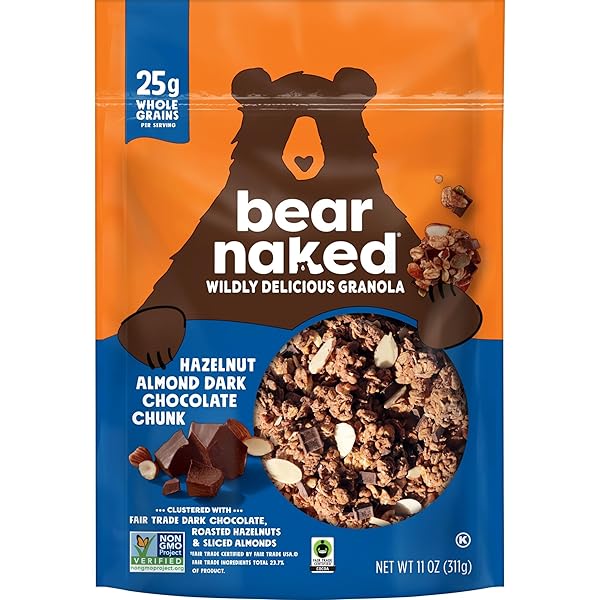 BEAR NAKED GRANOLA CEREAL, WHOLE GRAIN GRANOLA, BREAKFAST SNACKS, HAZELNUT ALMOND DARK CHOCOLATE CHUNK, 11OZ BAG (1 BAG)