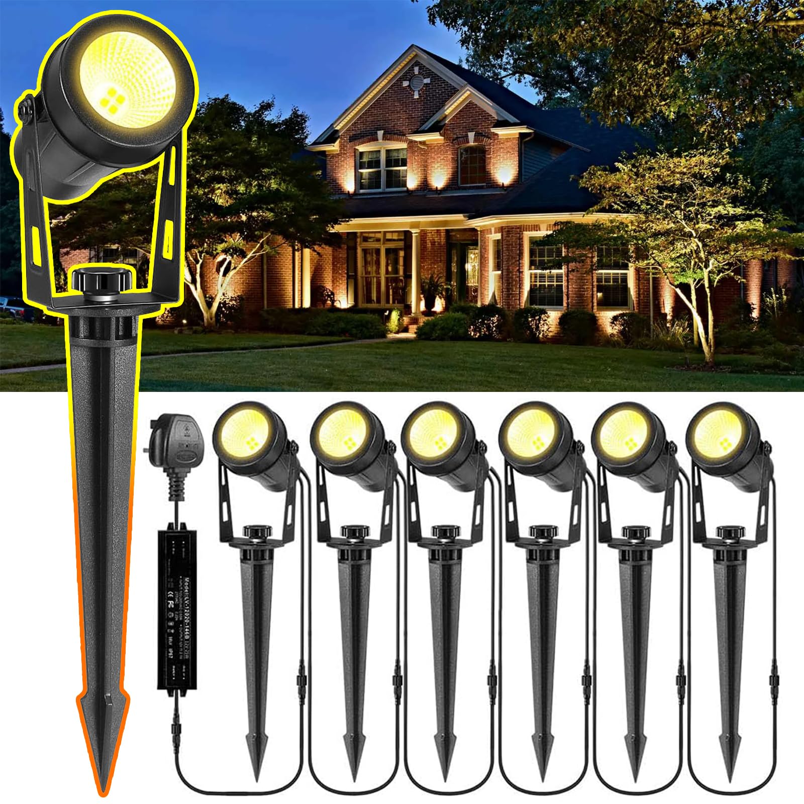 GreenClick Garden Spotlights Mains Powered,1600LM LED Garden Spike Lights with 21M Cable,IP65 Waterproof Extendable Outdoor Spotlights for Pathway Lighting Lawn Path Yard Driveway (6Pack Warm White)