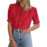 PRETTYGARDEN Womens 2026 Spring Lace Tops Short Puff Sleeve Casual Dressy Blouses Eyelet Crew Neck Button Down Shirts