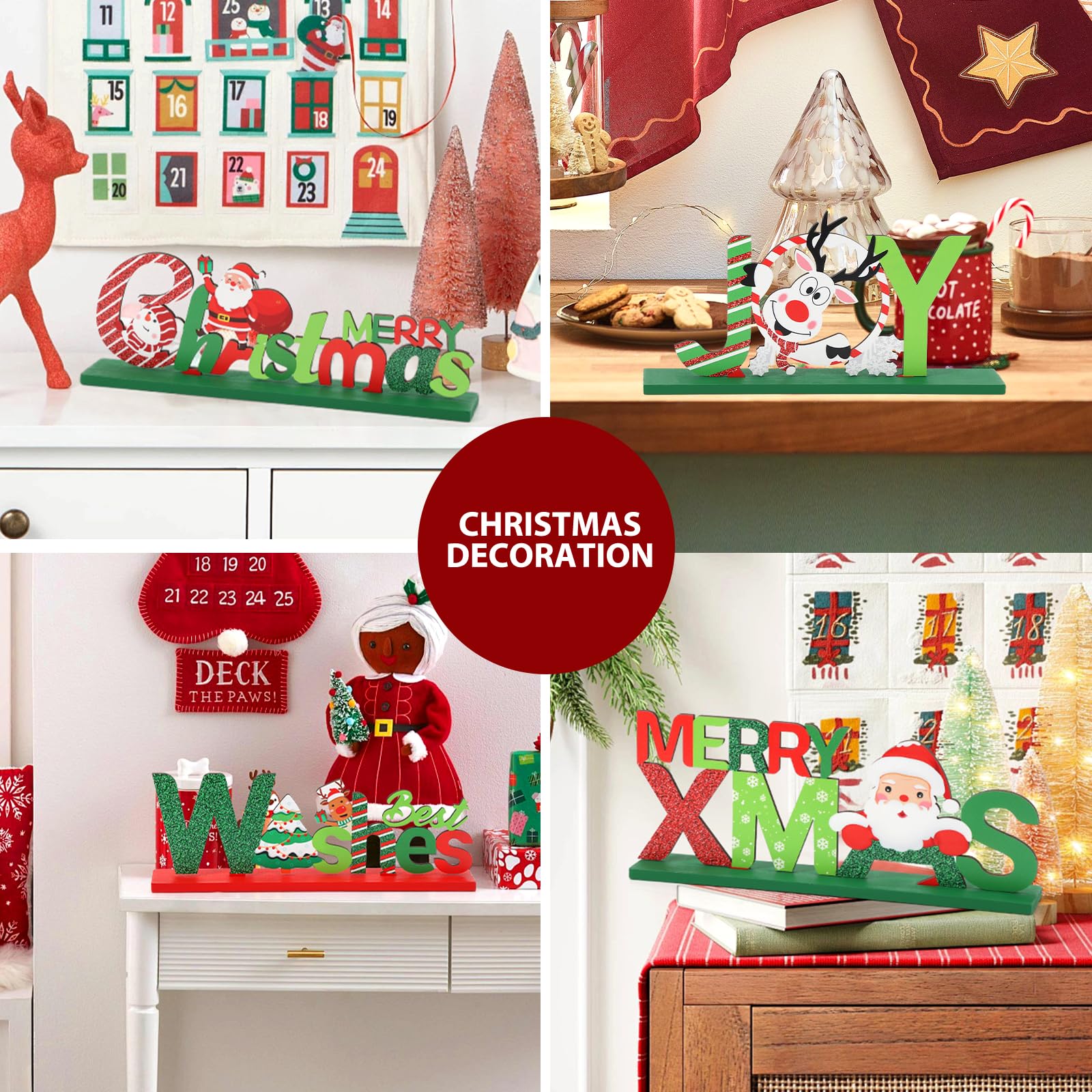 Hommtina 6 Pcs Christmas Table Decorations, Merry Christmas Tabletop Wooden Sign Indoor Christmas Decorations for Dinner Party Coffee Table