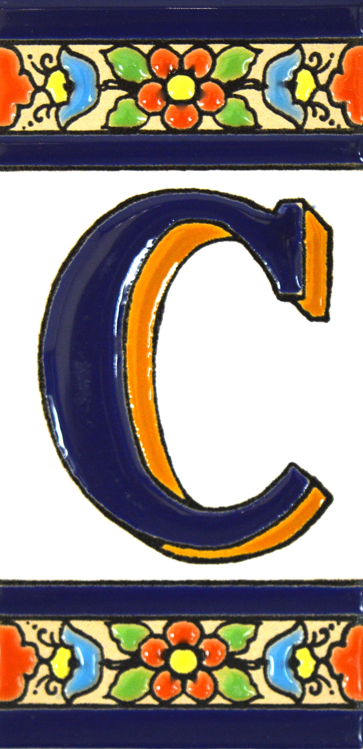 House letters 4 inch. Handpainted house letter tiles for signs, addresses and names. Address numbers for houses. House address numbers and letters. Design FLORES MEDIANO 4,29" x 2,13" (LETTER C) — image 1