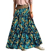 YESNO Women's Summer Boho Floral Maxi Skirts Casual Flowy Tiered A-Line Elastic Waist Skirt with Pockets SK0
