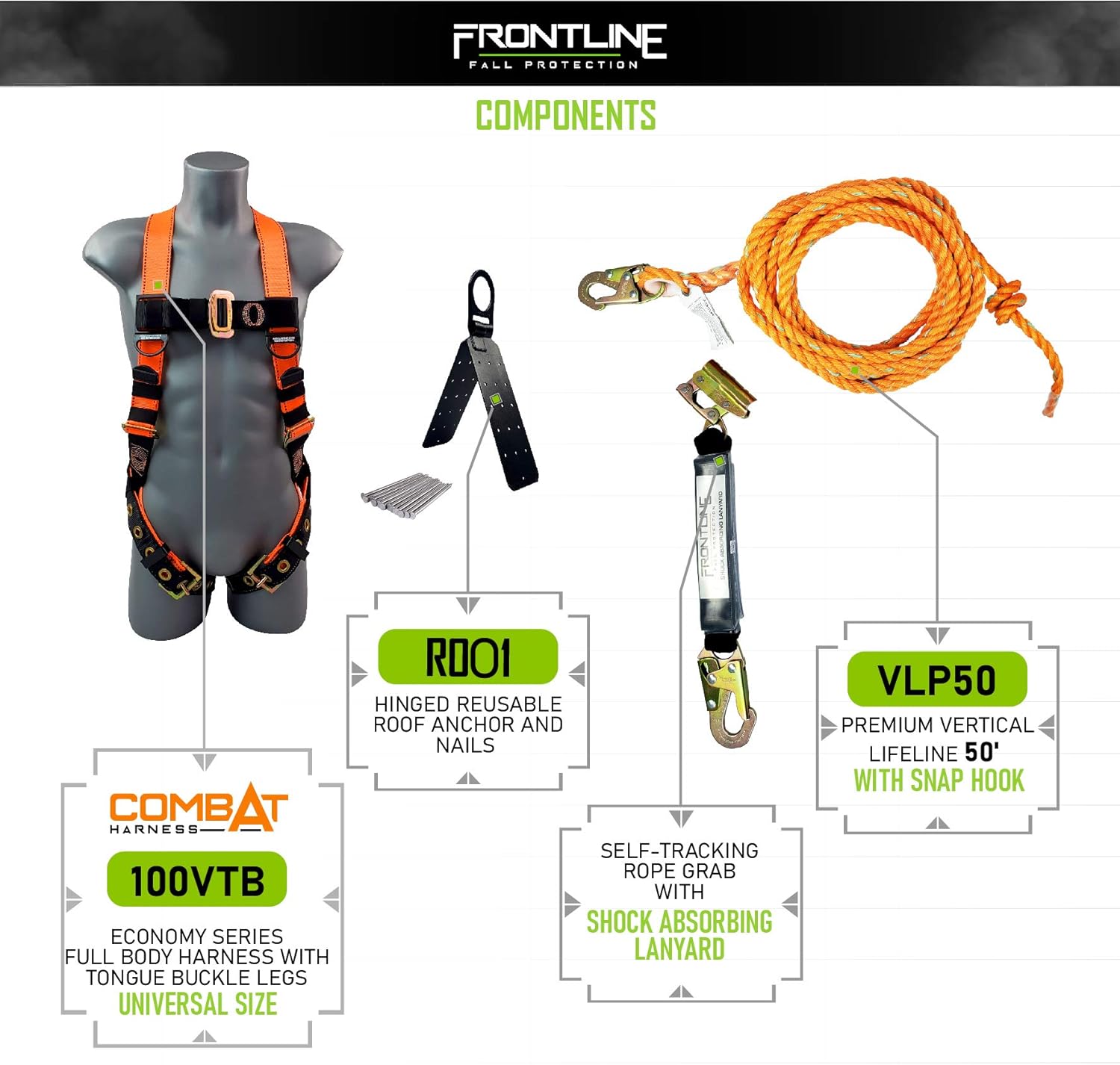 Frontline RK5PTB50 Combat Complete Roofers Kit with 50' Lifeline | Combat Economy Series Full Body Harness | 50’ Vertical Lifeline with Rope Grab | Hinged Reusable Roof Anchor | OSHA & ANSI Compliant - - 