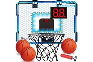 NEUBSAW Basketball Hoop Indoor with LED Lights, Basketball Toys Gifts for 5 6 7 8 9 10+ Year Old Boys Kids, Indoor Over The Door Mini Basketball Hoops with Electronic Scoreboard & 3 Balls