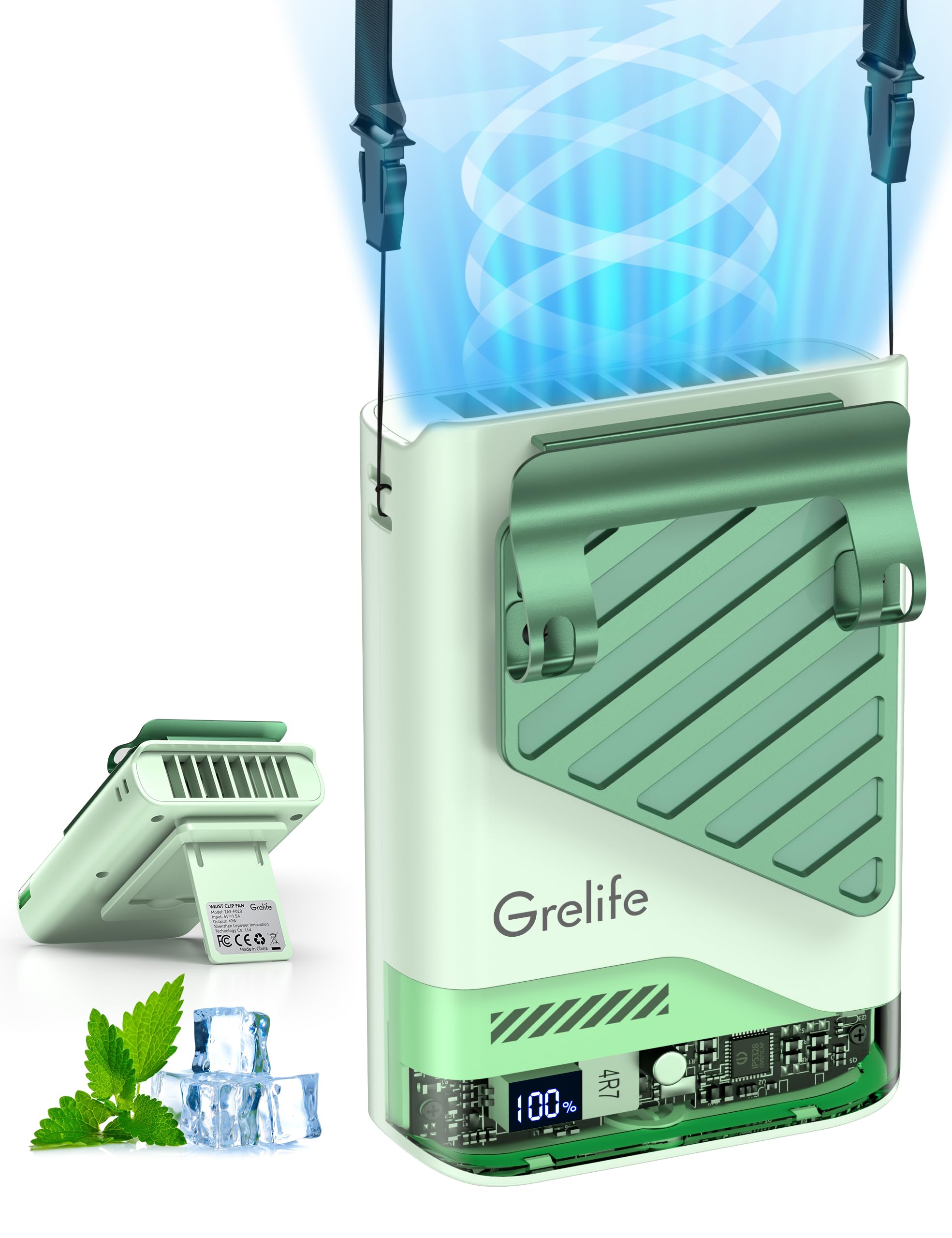 Photo 1 of Grelife AI Portable Fan with LED Display & 40H Runtime,5-Speed 10000RPM Cooling Personal Waist Handheld Fan Rechargeable,33ft/s Wind Speed for Outdoor,Camping,Farm,Jobsite