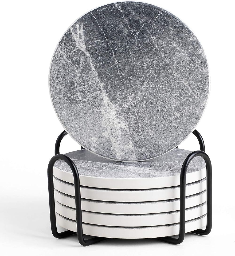 LIFVER Coasters Set of 6 Grey Ceramic Coasters with Holder 4.0 in