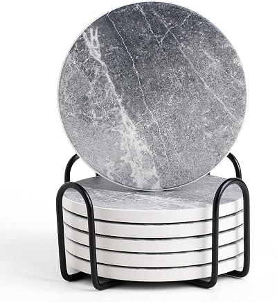 LIFVER Coasters Set of 6 Grey Ceramic Coasters with Holder 4.0 in