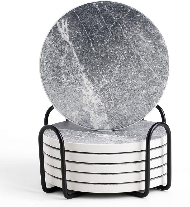 LIFVER Coasters Set of 6 Grey Ceramic Coasters with Holder 4.0 in