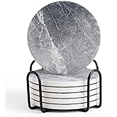 LIFVER Coasters for Drinks Absorbent, Living Room Decor, Ceramic Coasters Set of 6 with Cork Base, Protect Wooden Table or Furniture from Scratched, Drink Coasters with Holder - Grey