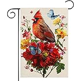 Red Bird Butterfly Flowers Garden Flag 12x18 Inch Double Sided Spring Summer Cardinal Flower Yard Outdoor Flag House Holiday Outside Decoration