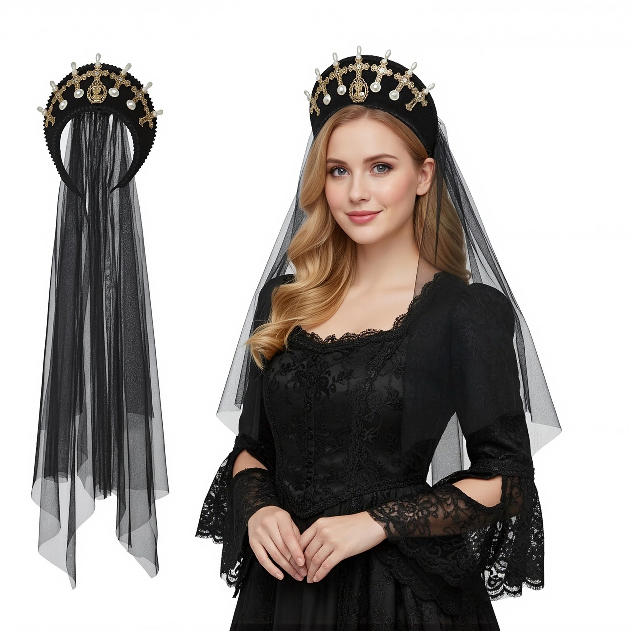 FAD-4U Anne Boleyn Hat Tudor Gable Hood Cap Elizabethan Headwear Renaissance Costume Headdress for Women Cosplay Party (Black-57, One Size) — image 1
