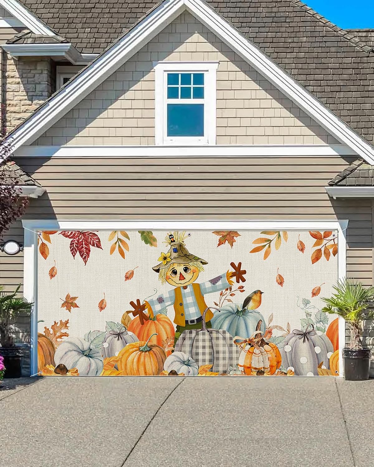 Garage Door Decorations - Thanksgiving Garage Door Banner Cover 7 x 16 ft, Thanksgiving Scarecrow Pumpkin Maple Leaves Linen Garage Door Decorations Holiday Christmas Backdrop Decor for Winter New Year Xmas Party