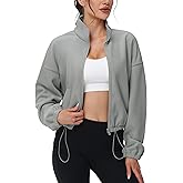 MAGCOMSEN Women's Cropped Fleece Jacket Full Zip Stand Collar Workout Short Sherpa Coat Winter Sweatshirt