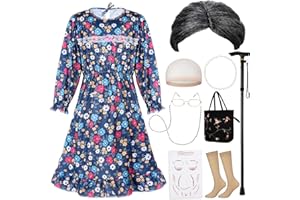 Croknit 9 Pcs Old Lady Costume for Kids 100th Day of School Grandma Dress up Nightgown Wig Halloween Cosplay Accessories