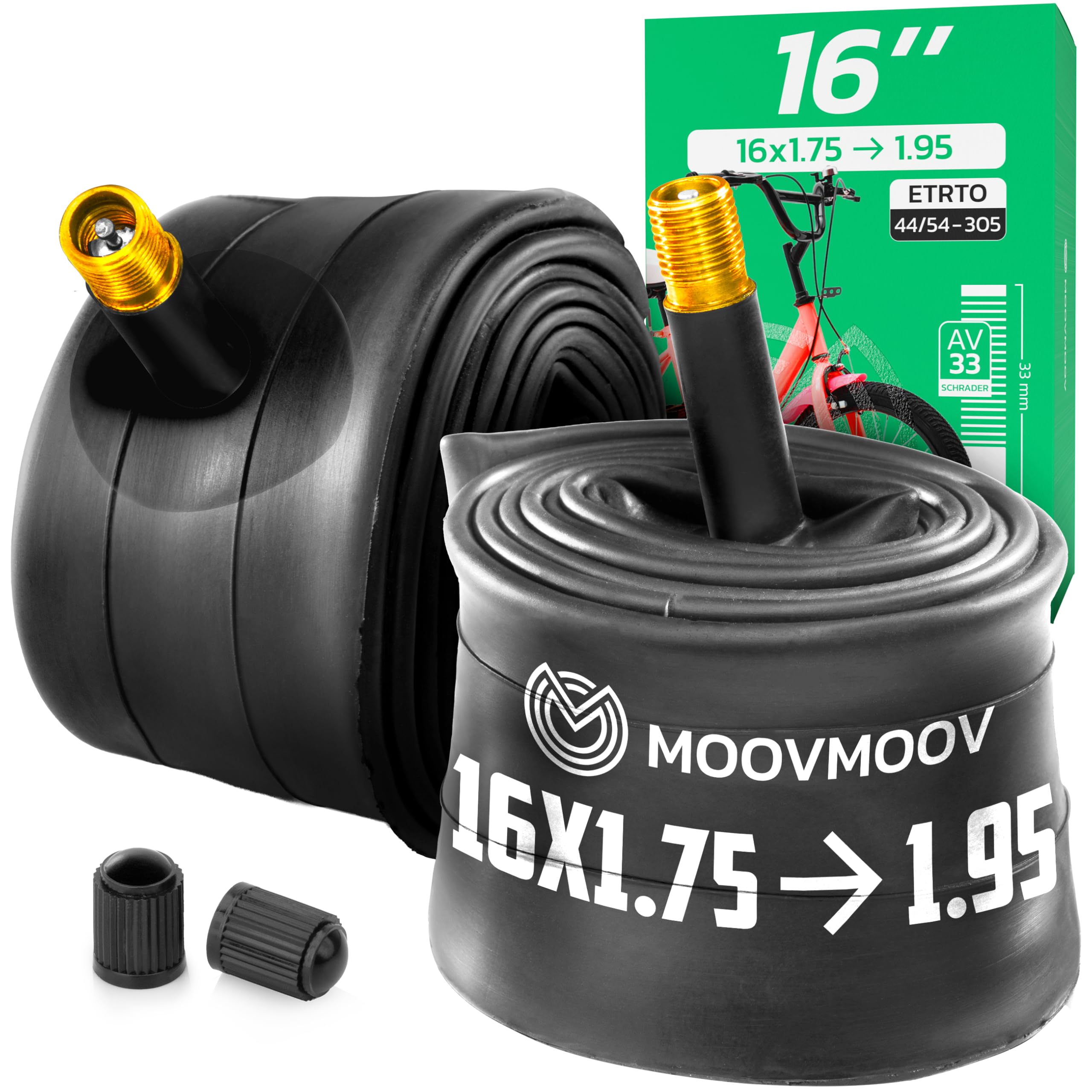 MOOVMOOV 16 Inch Inner Tubes - Fits 16x1.75, 16x1.85, 16x1.90 & 16x1.95 Tyres (ETRTO 47-305 to 53-305) - Schrader Valve - Pack of 2 - Bikes & More