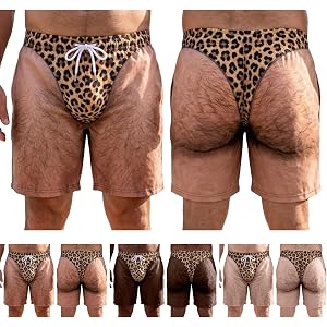 Elytexzi Customized Funny Men 3D Leopard Print Hairy Leg Fake Briefs Graphic Swim Trunk Features Prank Design Beach Shorts