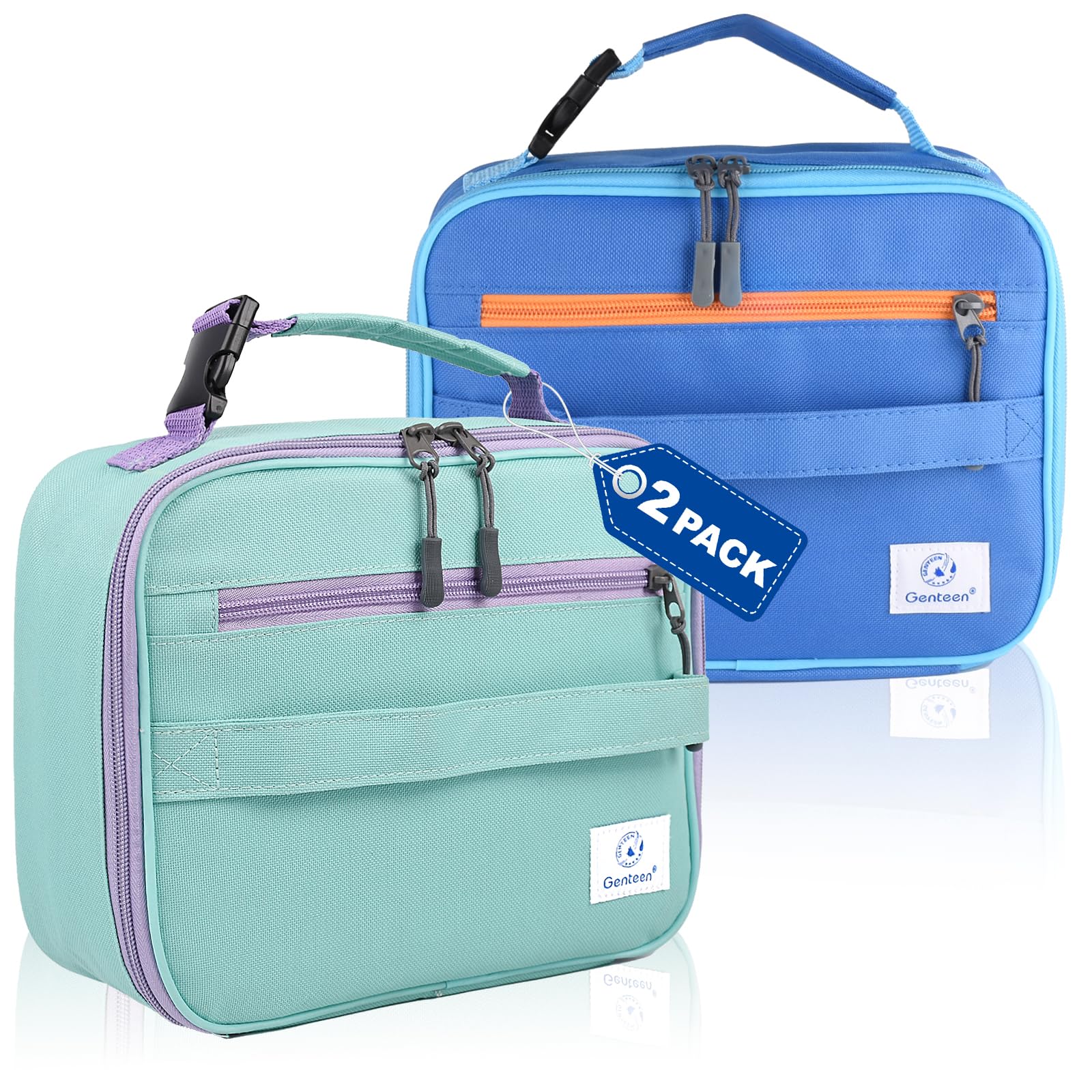 Photo 1 of 2 Packs Insulated Soft Lunch Bag With Double Zipper - Sturdy, Freezable and Reusable for Kids, Men - For School, Work, Outdoor (Blue+Green)