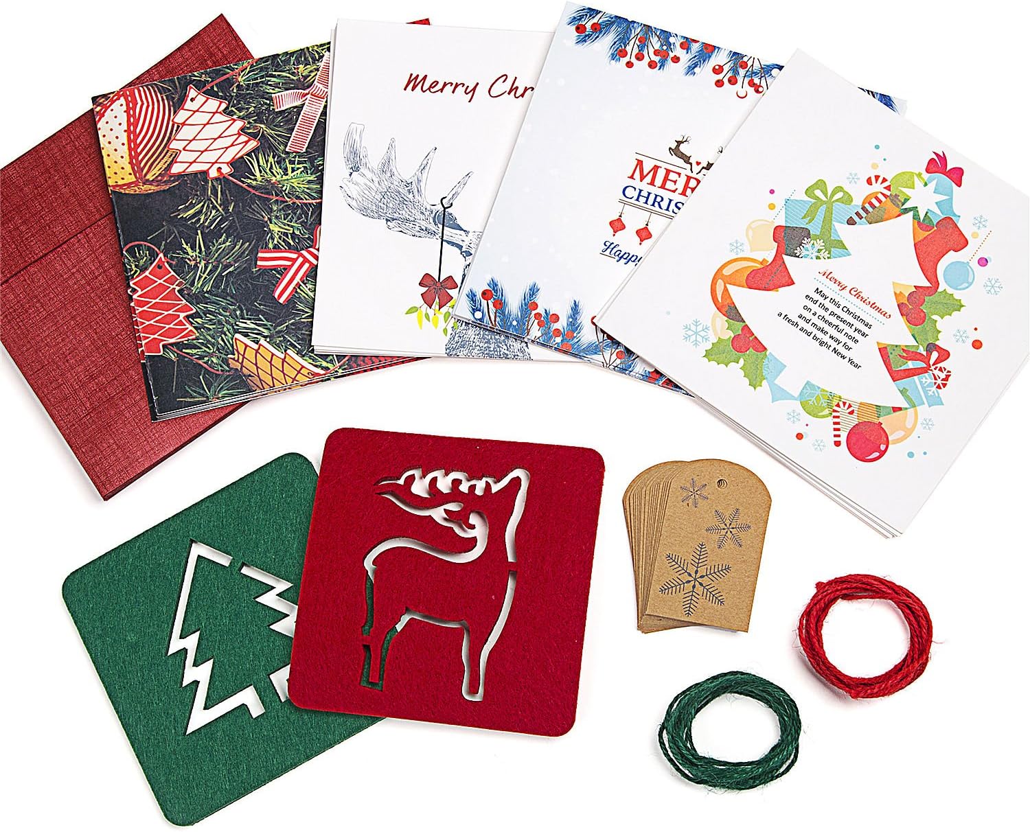 Christmas Set, 20 Cards in 4 Xmas Designs, 20 Gift Tags, Jute Twines in 2 Colours, 2 Coasters, 20 Premium Red 10 Gold Bonus Envelope - Hand Made Party Decorations, DIY Bundle in A Box