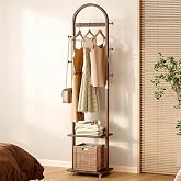 HOTAMO 15.9" Narrow 3-in-1 Rolling Clothing Rack,Wooden Coat Rack with Wheels, 2 Shelves and 5 Hooks, Solid Rubber Wood Coat Rack with Shelves for Entryway, Bedroom, Living Room, Walnut