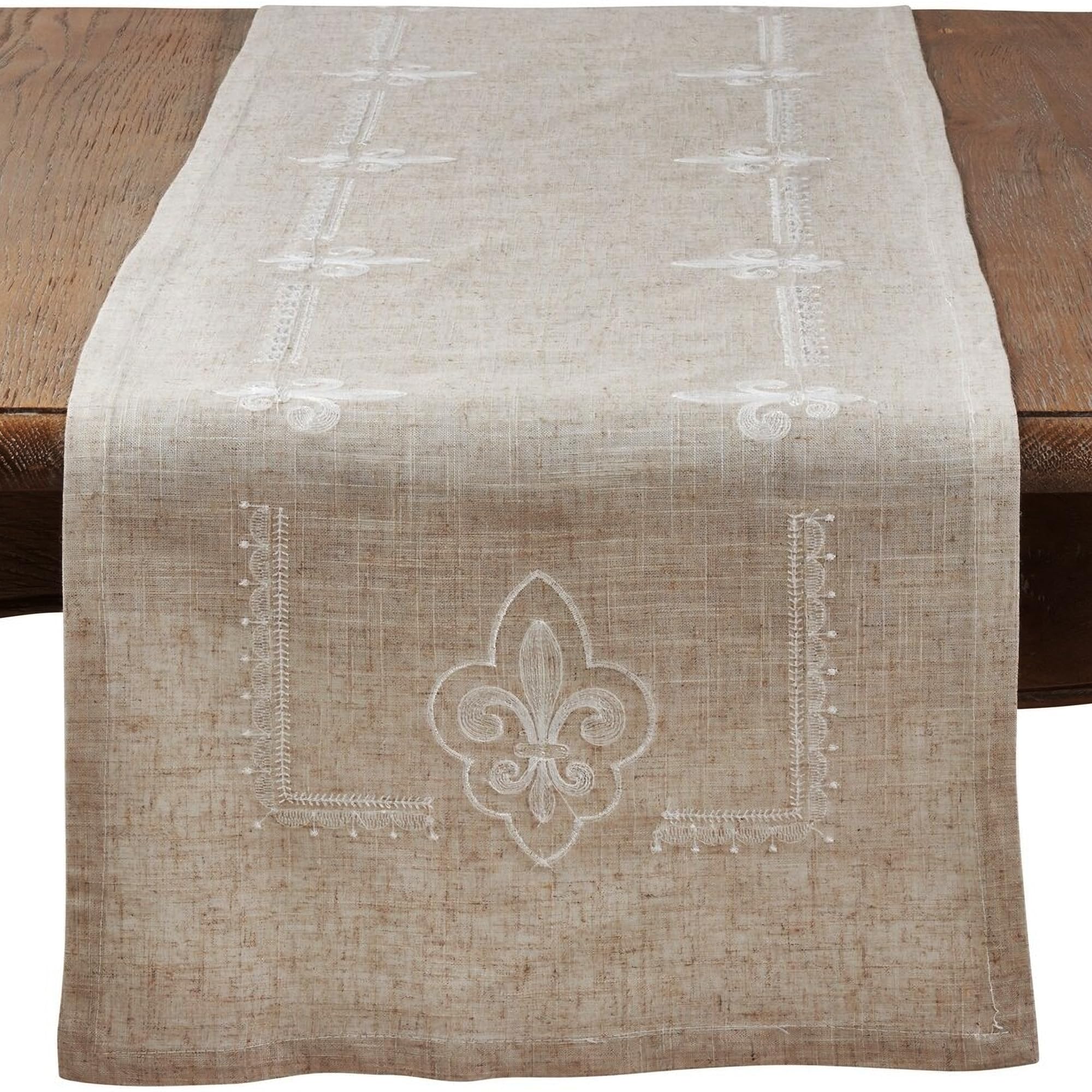 SARO LIFESTYLE 1681.N1672B Collection Embroidered Fleur-de-Lis Table Runner, 90% polyester-10% Linen, Natural