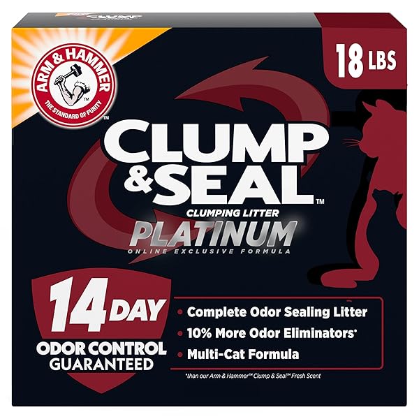 ARM & HAMMER CLUMP & SEAL PLATINUM CAT LITTER, MULTI-CAT CLUMPING LITTER FORMS ROCK-HARD CLUMPS, POWERFUL ODOR ELIMINATORS WITH BAKING SODA, 14-DAY ODOR CONTROL, 18 LBS