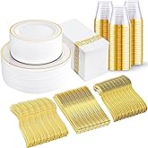 I00000 350Pcs Gold Dinnerware Set for 50 Guests, Gold Plastic Plates for Party, Include: 100 Disposable Plastic Plates, 50 Paper Napkins, 50 Cups, 50 Silverware Set Perfect for Party & Wedding