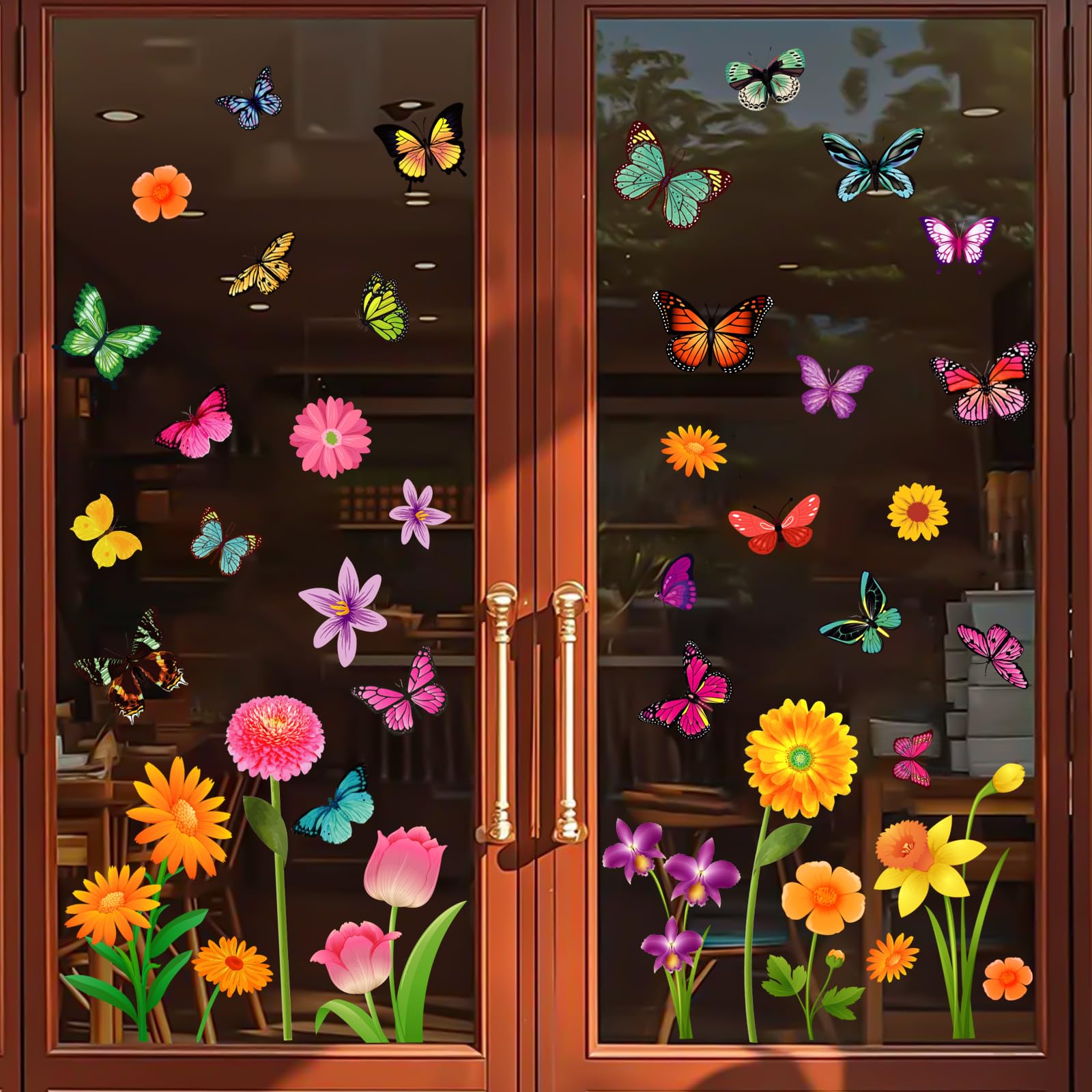Zindoo 9 Sheet Spring Summer Garden Flower Window Clings, 81Pcs Double Sided Butterfly Wildflower Sunflower Floral Window Decals, Anti-Collision Glass Window Doors Window Stickers