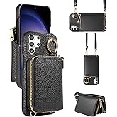 Furiet Wallet Case for Samsung Galaxy S25 Ultra 5G with Shoulder Strap Ring Buckle, Luxury PU Leather Zipper Flip Organ Purse, Credit Card Holder Stand Phone Cover for S25Ultra 25S S 25 25Ultra Black
