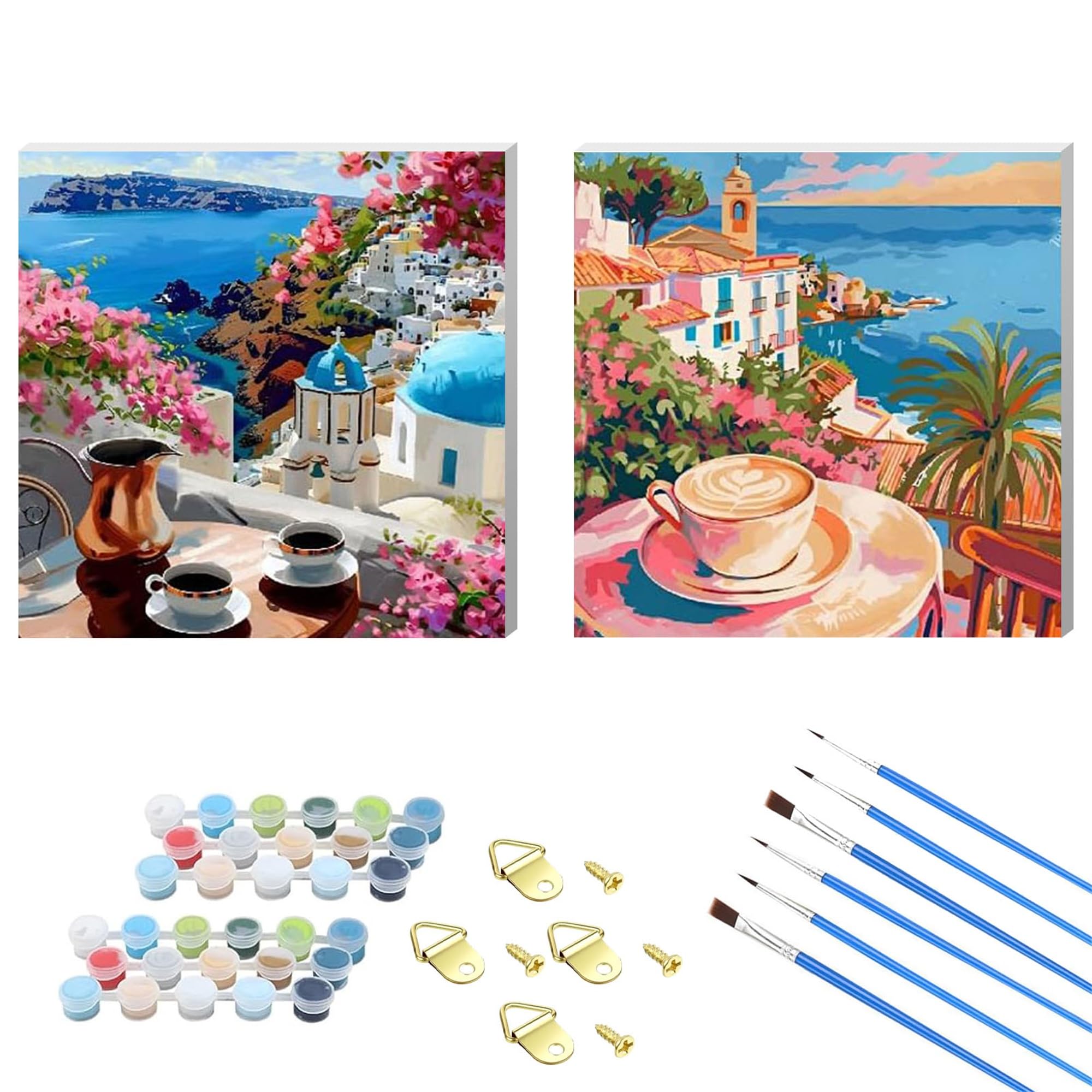 NZNANCHU 2PCS Coffee Wooden Framed Paint by Number for Adult,Landscape DIY Painting Kits for Adults,Color by Numbers,Travel Small Paint by Number Canvas Crafts Watercolor for Beginners Hoom Decor