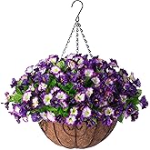 Ammyoo Artificial Hanging Flowers 12 inch Basket, Faux Silk Petunias Flower Arrangement,Coconut Lining Pot Planter with Morning Glories Patio Garden Porch Deck Spring Summer Decor(Purple Edge)