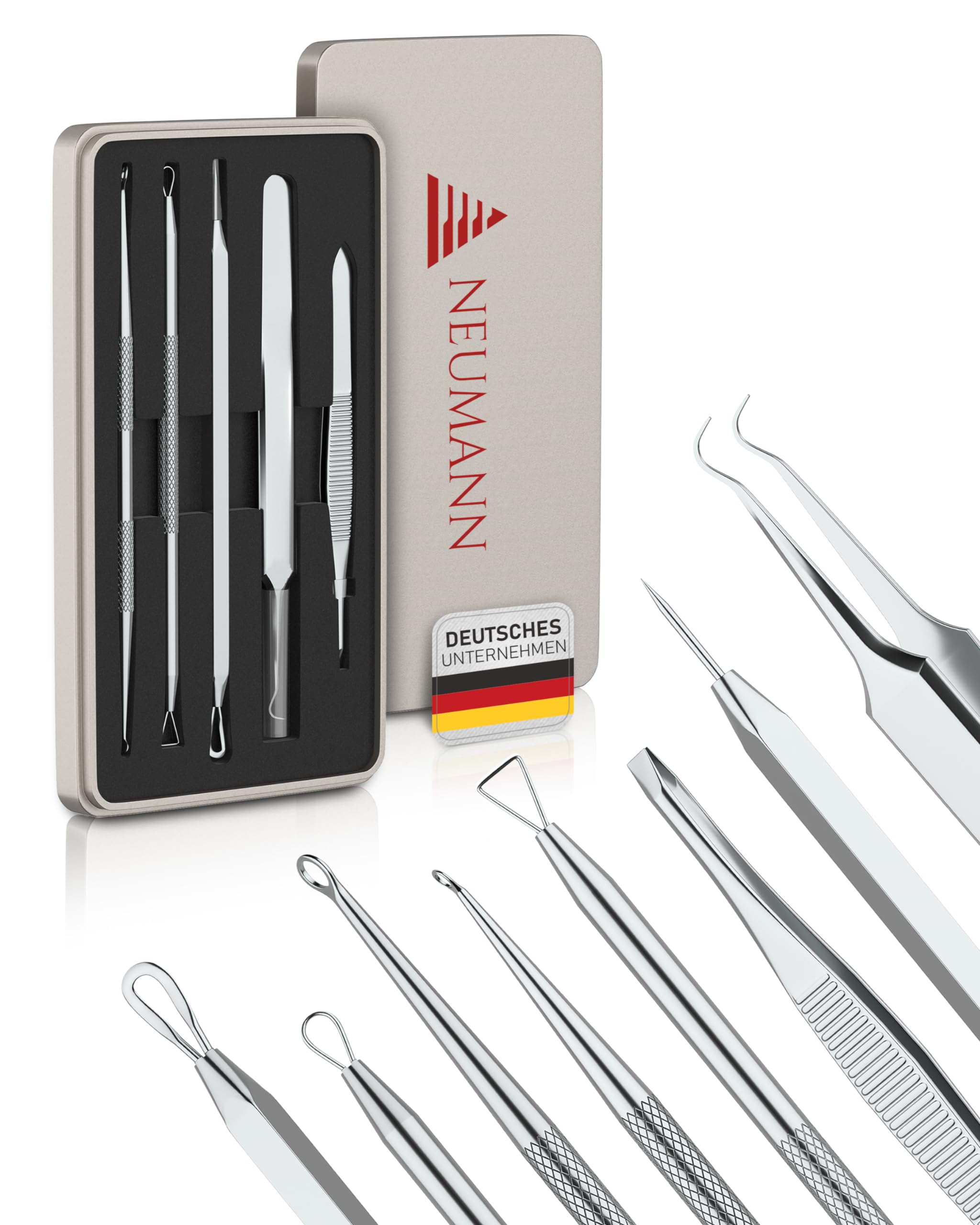 NEUMANN® Blackhead Remover Set (Stainless Steel) for Removing Pimples, Blackheads etc. - Comedone Squeezer, Lifter, Remover - Various Tools: Loops, Tweezers, Piekser [Silver]